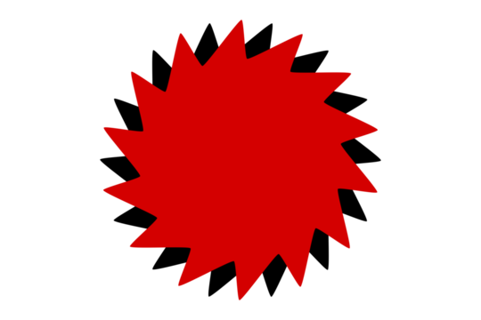 Red starburst badge with black outline spikes for discount tag, sale sticker, promotional label, highlight symbol, and graphic design element