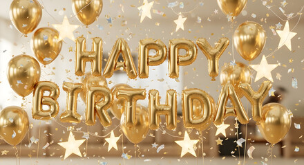 Happy Birthday celebration background with golden flying letter balloons and confetti, festive vector illustration of balloons that fly