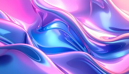 Naklejka premium Glossy iridescent surface with flowing contours in pink, purple, and blue, abstract digital texture with surreal depth.