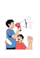 Fototapeta premium Children advocating for a better future with a megaphone and raised fist.