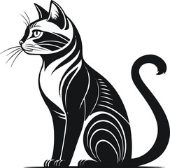 stylized cat vector illustration, decorative black cat artwork, feline silhouette vector art, sitting cat ornamental design, artistic cat vector drawing, black and white cat line art, tattoo style cat