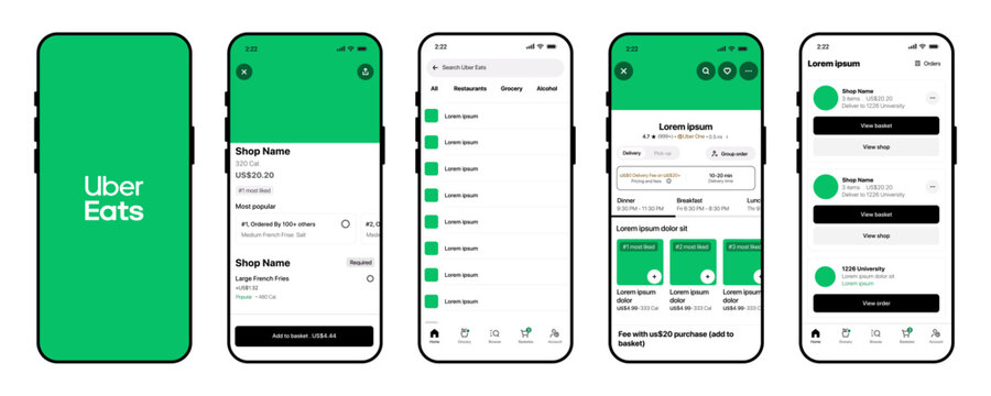 Uber Eats mobile app UI mockup template with restaurant menu, food delivery and shopping cart layout on smartphone
