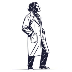 Man in a trench coat standing with hands in pockets silhouette isolated on white background