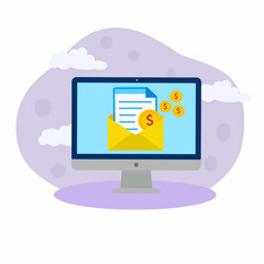 computer monitor showing an envelope with a document and dollar symbols.
