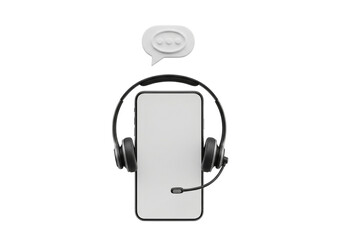 Online Customer Service and Mobile Support Concept. Smartphone with Headset, Microphone, and Chat Bubble Icon for Digital Communication & Virtual Assistance.