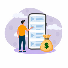 Man using a smartphone application and a large money bag beside him.
