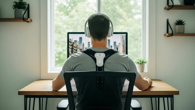 Man with Smart Posture Corrector and Headphones Working on Computer in Home Office