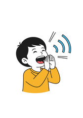 A young boy is loudly shouting or yelling with his hands cupped around his mouth making noise waves visible.