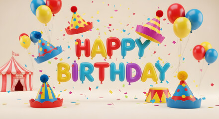Fun vector illustration featuring a 'Happy Birthday' message with balloons, party hats, confetti flying, and a circus tent, designed to fly