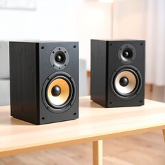 Fototapeta premium Two black speakers on a light wooden table