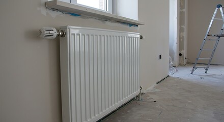 White radiator in room under renovation