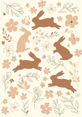 Cute bunnies and flowers in a spring meadow.