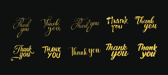 A stylish collection of 10 golden “Thank You” typography designs on a black background. Each text design features unique calligraphy, script, and bold handwritten styles. Perfect for greeting cards, 
