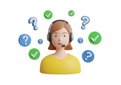 Customer Service Excellence: 3D Support Agent Resolving Questions and Providing Solutions with Headset and Checkmarks.