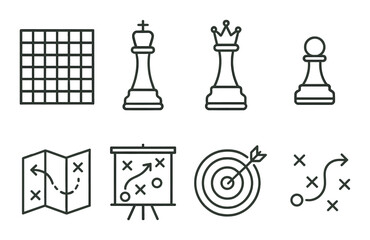 Chess icons and strategic planning symbols on metallic background