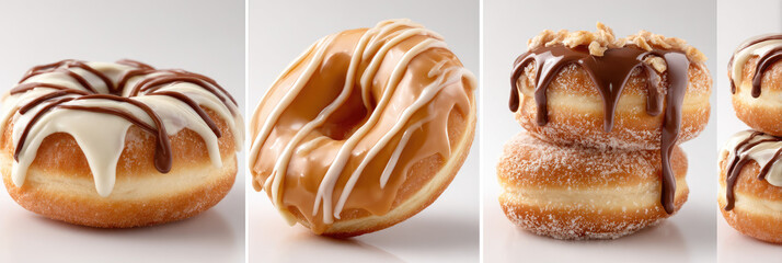 Three glazed doughnuts in various flavors