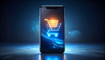 Smartphone with glowing blue shopping cart icon on digital grid, symbolizing mobile e-commerce and online retail.