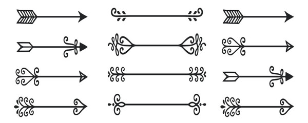 Set of hand-drawn decorative arrows with ornate elements pointing right