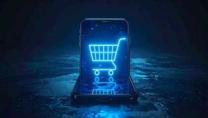 Smartphone with glowing blue shopping cart icon on digital grid, symbolizing mobile e-commerce and online retail.