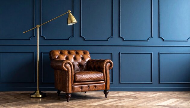 Vintage leather armchair with brass lamp in elegant blue-paneled room—evoking classic comfort and refined interior design.