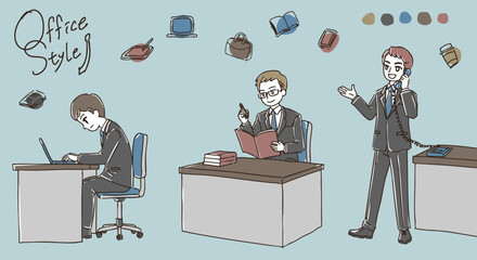 シンプルかわいいオフィスで働く男性たちのイラスト素材