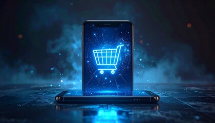 Smartphone with glowing blue shopping cart icon on digital grid, symbolizing mobile e-commerce and online retail.