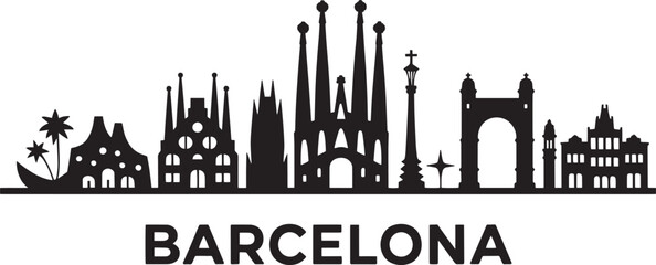 Detailed Barcelona Cityscape Silhouette Vector Illustration Showcasing Famous Landmarks and Architectural Icons