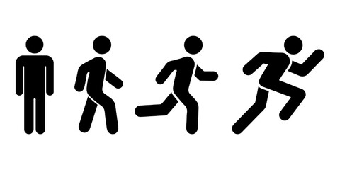 Man stands, walk and run icon set. People symbol. Person standing, walking and running illustration. Run, walk, stand. Vector illustration
