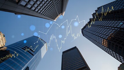 Upward growth financial chart overlayed on skyscraper buildings representing business success