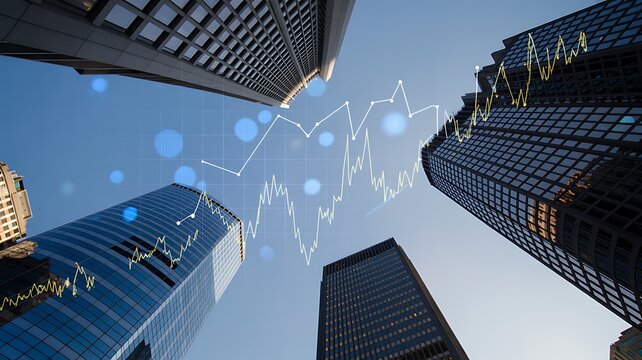 Upward growth financial chart overlayed on skyscraper buildings representing business success