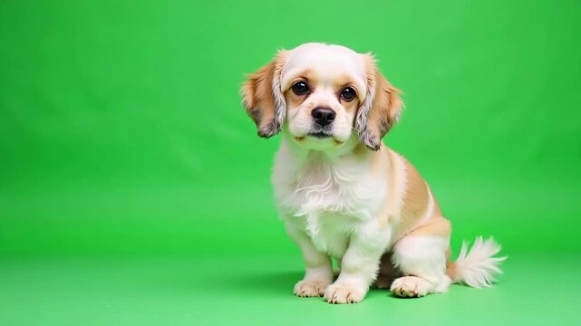 Adorable Cocker Spaniel puppy sitting patiently on vibrant green screen background ready for motion graphic insertion in your next campaign