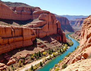 Rugged canyon gorge with stratified orange cliffs and turquoise river below, subject at top, clear copy space at bottom, under bright sunlight.