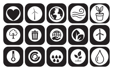 Eco Technology and Sustainability Icons Set – Renewable Energy, Solar Power, Recycling, and Green Living Symbols”
