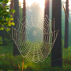 Dew-kissed spiderweb in forest at sunrise