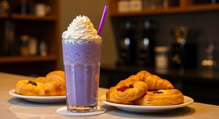 A glass of ube purple yam dessert topped with whipped cream and a purple straw. Two plates of croissants are placed nearby on a countertop.