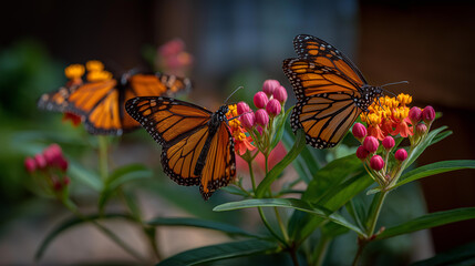 Fototapeta premium A retiree tends to a butterfly garden with fluttering monarchs blooming milkweed and a wooden bench nearby depicted in a vibrant photo with wing patterns pollen details and