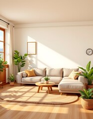 Naklejka premium Cartoon style cozy living room with large sectional, natural wood accents, and indoor plants, subject on left, ample white space on right for text, cheerful atmosphere.