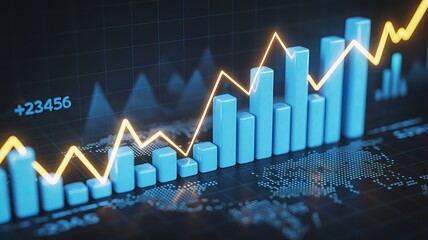 Visualization of financial data with growth indicators depicted on a bar chart with global map background