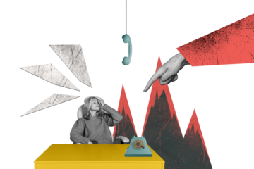 Trend artwork 3D sketch image photo collage of workspace aged woman stress bad mood sit table landline phone call finger point bossy task