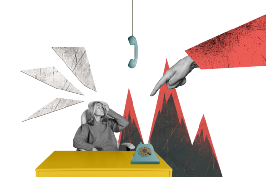 Trend artwork 3D sketch image photo collage of workspace aged woman stress bad mood sit table landline phone call finger point bossy task