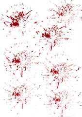 Abstract red prints reminiscent of splashes of paint or chrysanthemum flowers, made with chaotic brushstrokes. Each print is unique, with radial splashes creating a sense of energy and spontaneity. 