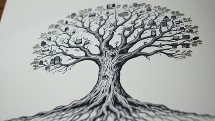 Intricate Artistic Illustration of a Tree with Books as Leaves and Detailed Root Structure