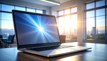Laptop on wooden table with radiant blue burst on screen—evoking digital energy and modern workspace.