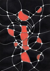 An abstract composition reminiscent of a network of organic cells or soap bubbles. The background is deep black, on which white lines form closed rounded segments of different sizes. 