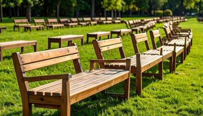 Rows of Wooden Benches in a Sunny Park