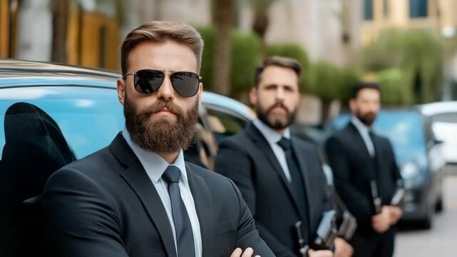 Security team provides protection outside a luxury venue during a high-profile event in early evening hours
