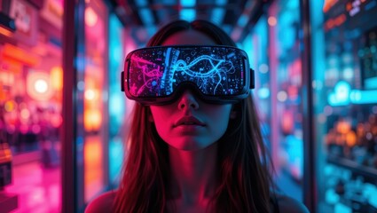 Obraz premium Portrait of a Woman Wearing Neon Virtual Reality Glasses in a Colorful Urban Environment at Night