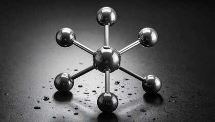 3D atom model with metallic nucleus and orbiting electrons, glowing DNA strand in dark scientific background.