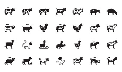 Farm animal icon silhouette vector pack, Cow, pig, goat, sheep, horse head and body illustration