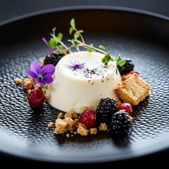 Vanilla bean panna cotta dessert with fresh berries, cookie crumble and purple edible flower on textured black plate, fine dining presentation style